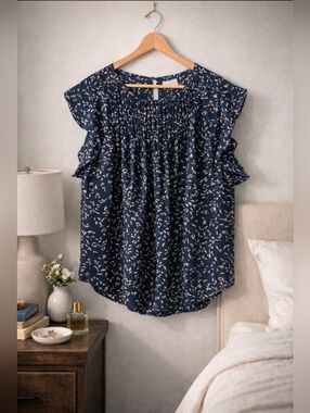 MELLODAY Women's Large Blouse, Dark Blue w/Light Tan Leaves